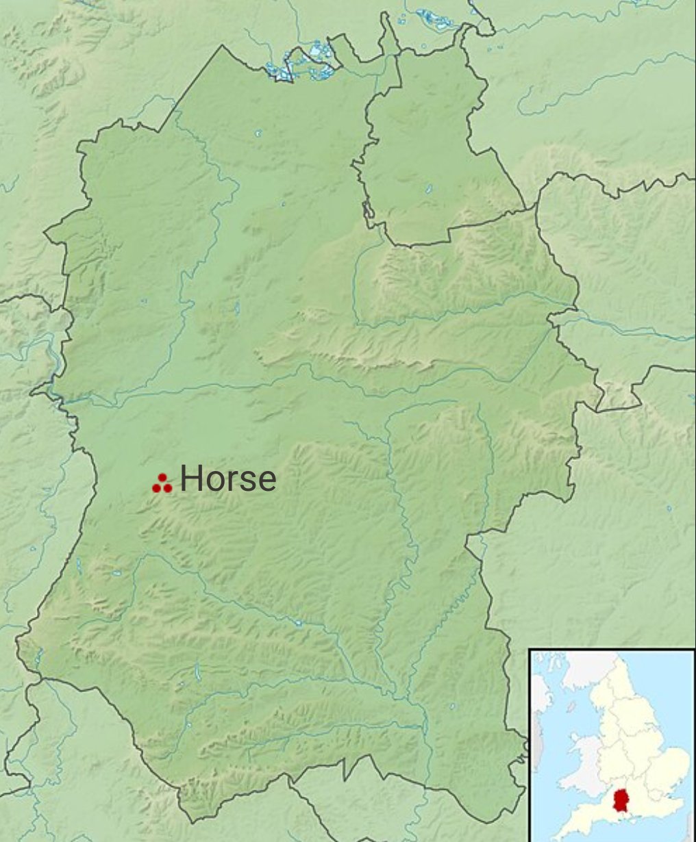 A map of England with county boundaries shown but not labeled. The only text on the map is a single place marker in the county of Wiltshire labelled "Horse"