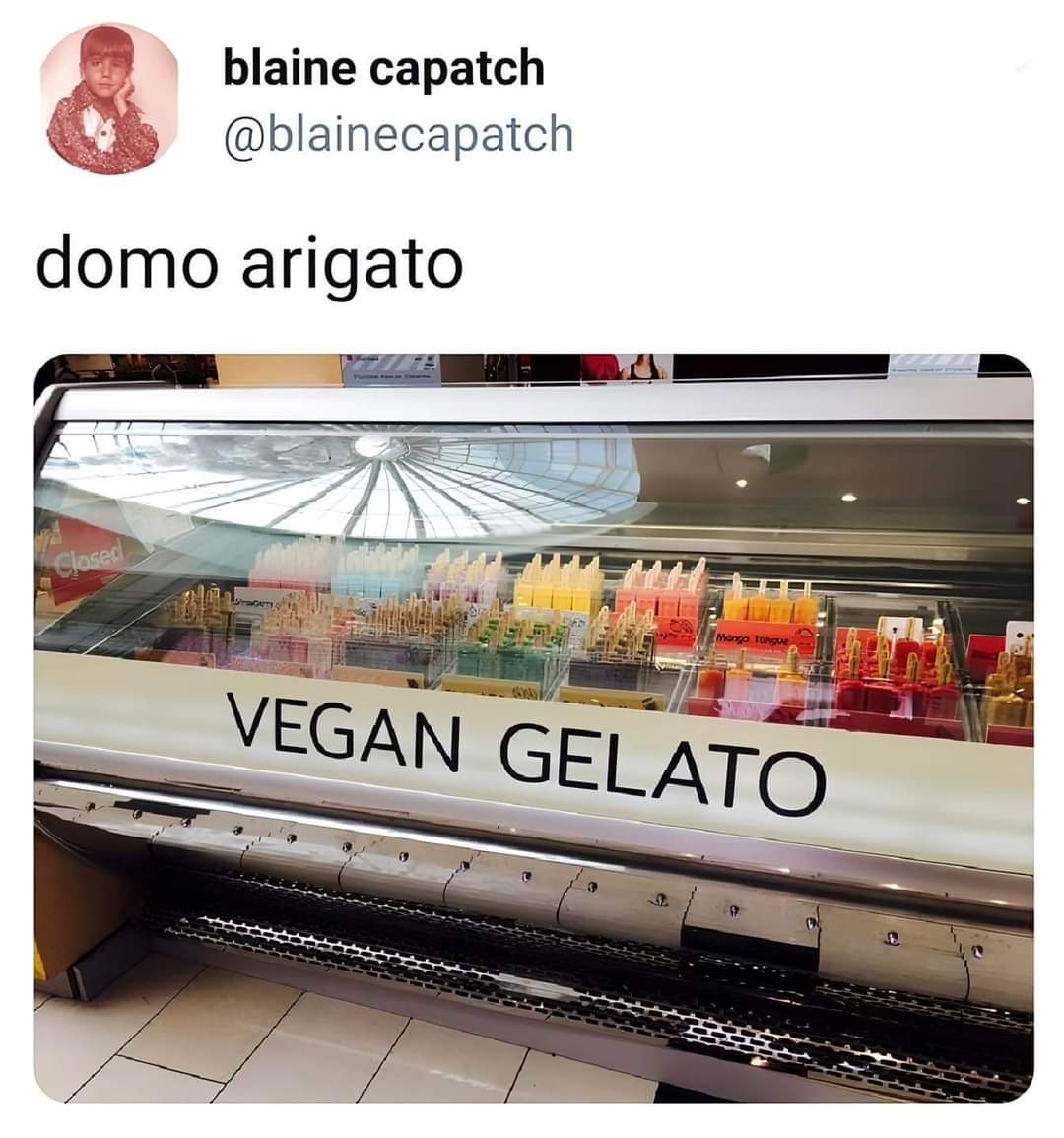 tweet. "domo arigato" image says vegan gelato